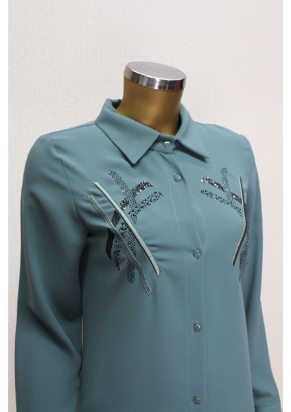 1547 Önden Düğmeli Göğsü Taş Işlemeli Uzun Tunik Qys Tunik #24-03# modelleri