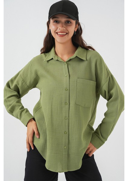 Kadın Tek Cepli Oversize Müslin Gömlek 20353 - Çağla