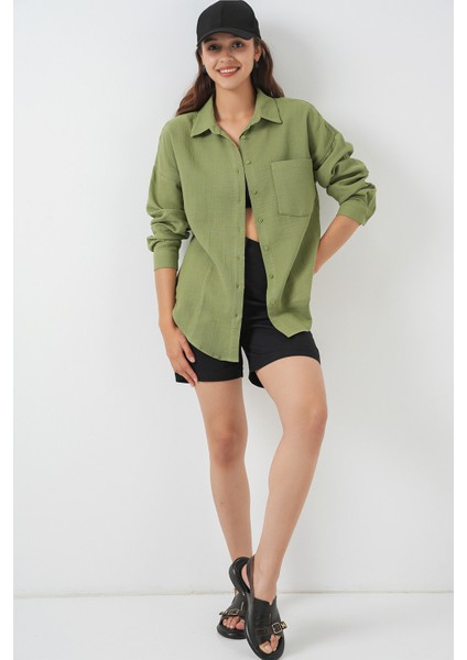 Kadın Tek Cepli Oversize Müslin Gömlek 20353 - Çağla fiyatları