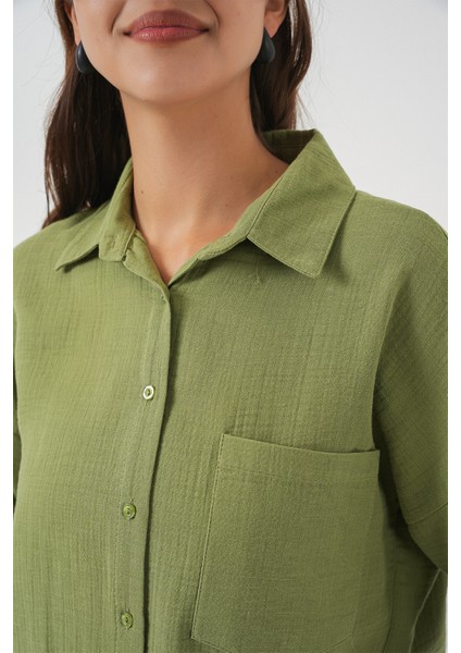 Kadın Tek Cepli Oversize Müslin Gömlek 20353 - Çağla indirimleri