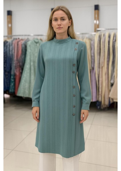 25234 Önü Düğmeli Sıfır Yaka Ön Kısmı Desenli Şık Gömlek Tunik #05-25#