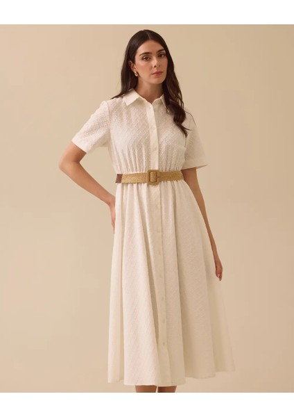 10026 Önden Düğmeli Beli Lastikli Güpürlü Yarım Kol Elbise 10002511310026 #06-25#