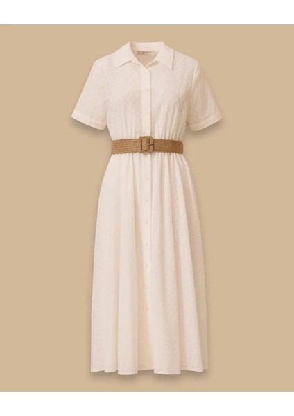 10026 Önden Düğmeli Beli Lastikli Güpürlü Yarım Kol Elbise 10002511310026 #06-25# fırsatları