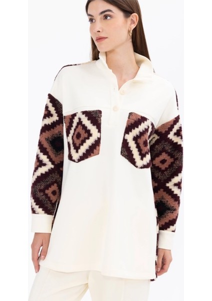 1078 Etnik Desen Detaylı Hakim Yakalı Örme Kumaş Tunik Günlük Tnik 11231304201078 Qks Günlük Tunik #23-10#