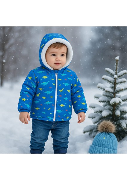 Baskılı Kalın Elyaflı Iç Kısmı Welsoftlu Rüzgar ve Su Geçirmez Kapüşonlu Kışlık Çocuk Mont