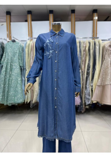 61072 Tunik Göüsü Nakış Detaylı Altı Saçaklı Önden Düğmeli Tunik Qys Tunik #24-05#