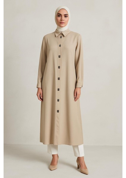 1517 Önden Kare Çıt Çıt Düğmeli Gömlek Yaka Klasik Tunik #102429#