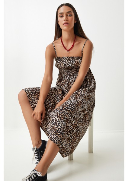 Leopar Desenli Askılı Viskon Elbise LUB0143 Siyah Bej