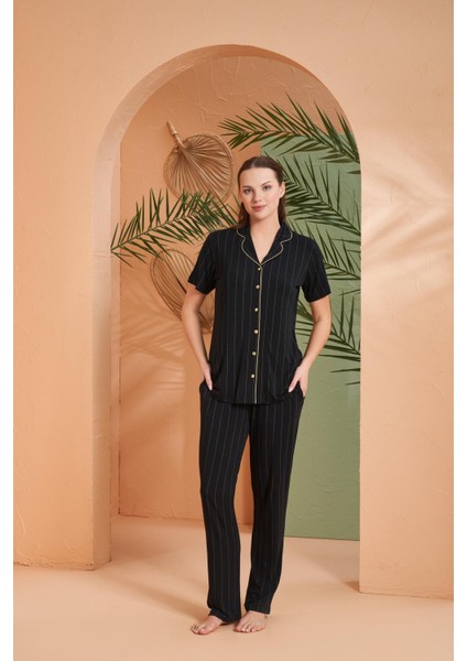 Kadın Gold Detaylı Çizgili Boydan Düğmeli Kısa Kol Pijama Takım