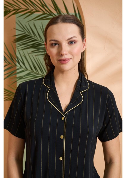 Kadın Gold Detaylı Çizgili Boydan Düğmeli Kısa Kol Pijama Takım modelleri