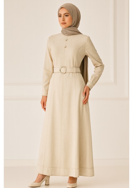 63054 Sıfır Yaka Kolu Manşetli Önü Inci ve Dikiş Detaylı Beli Kemerli Elbise #03-25#