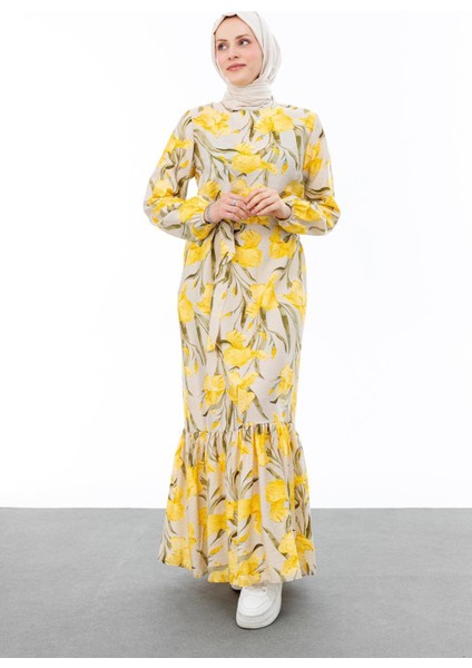 1003 Sıfır Yaka Kol Ucu Lastikli Beli Bağlamalı Etek Ucu Fırfır Detaylı Desenli Elbise