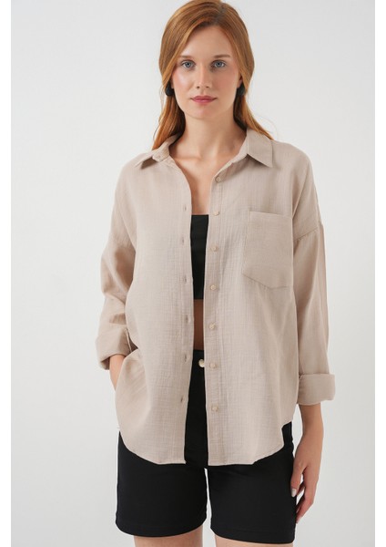 Kadın Tek Cepli Oversize Müslin Gömlek 20353 - Bej
