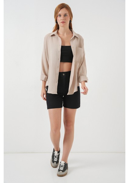 Kadın Tek Cepli Oversize Müslin Gömlek 20353 - Bej fiyatları