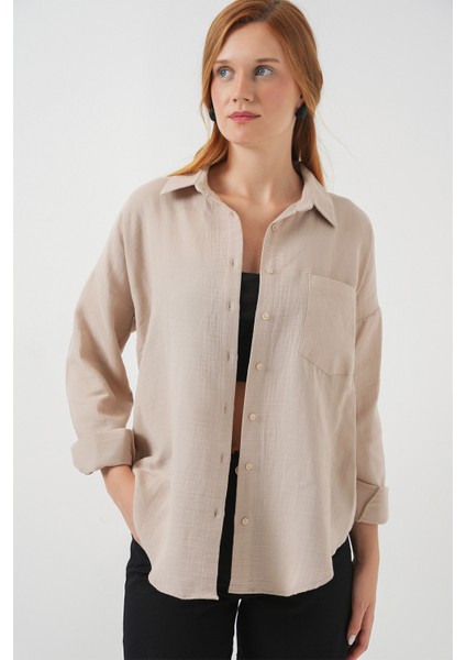 Kadın Tek Cepli Oversize Müslin Gömlek 20353 - Bej fırsatları