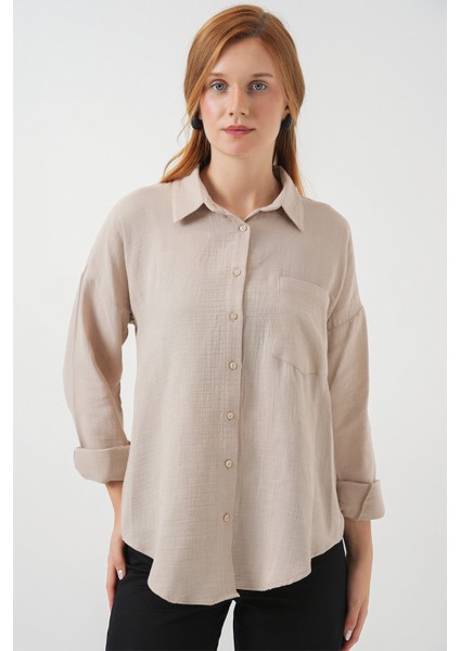 Kadın Tek Cepli Oversize Müslin Gömlek 20353 - Bej indirimleri