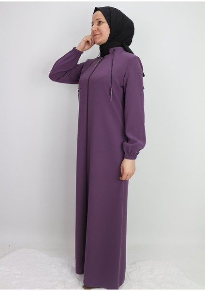 9001YAKASI Zincir Detaylı Hakim Yaka Fermuarlı Krep Kumaş Ferace Qys 9001 Ferace #22-09#