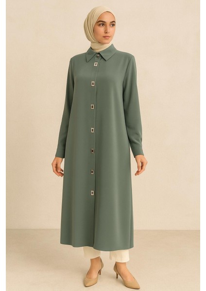 1517 Önden Kare Çıt Çıt Düğmeli Gömlek Yaka Klasik Tunik #102429#