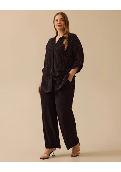 4027 Önden Düğmeli Kolları Manşetli Cep Görünümlü Çizgili Pamuklu Gömlek #03-25#