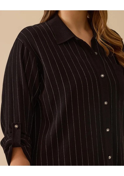4027 Önden Düğmeli Kolları Manşetli Cep Görünümlü Çizgili Pamuklu Gömlek #03-25# modelleri