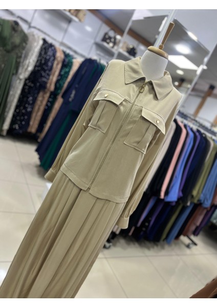 1613 Önü Fermuarlı Çift Cepli Eteğin Önü Pile Detaylı Beli Manşetli Spor Etekli Takım #03-25#