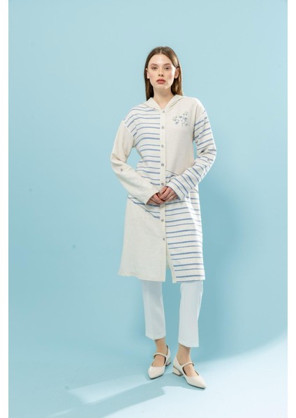 1525 Önü Düğmeli Önü Boncuk ve Taş Işlemeli Kapişonlu Keten Tunik #03-25#