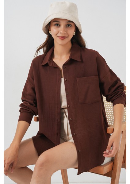 Kadın Tek Cepli Oversize Müslin Gömlek 20353 - Kahverengi modelleri