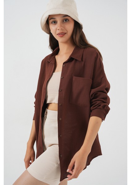 Kadın Tek Cepli Oversize Müslin Gömlek 20353 - Kahverengi fırsatları