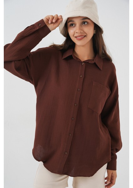 Kadın Tek Cepli Oversize Müslin Gömlek 20353 - Kahverengi indirimleri