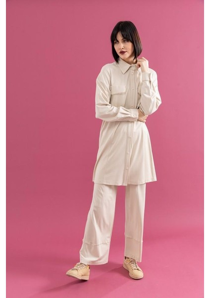 25100 Önü Çıtçıtlı Cep Kapağı Taş Detaylı Gömlek Yaka Uzun Pantolonun Beli Lastikli Ikili Takım #02-25#