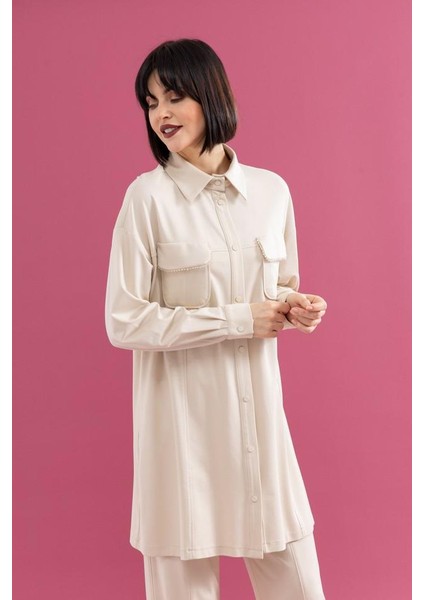 25100 Önü Çıtçıtlı Cep Kapağı Taş Detaylı Gömlek Yaka Uzun Pantolonun Beli Lastikli Ikili Takım #02-25# fiyatları