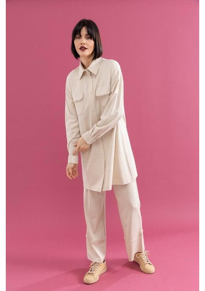 25100 Önü Çıtçıtlı Cep Kapağı Taş Detaylı Gömlek Yaka Uzun Pantolonun Beli Lastikli Ikili Takım #02-25# modelleri