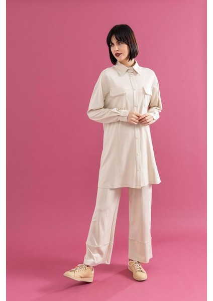 25100 Önü Çıtçıtlı Cep Kapağı Taş Detaylı Gömlek Yaka Uzun Pantolonun Beli Lastikli Ikili Takım #02-25# fırsatları