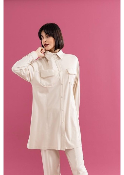 25100 Önü Çıtçıtlı Cep Kapağı Taş Detaylı Gömlek Yaka Uzun Pantolonun Beli Lastikli Ikili Takım #02-25# indirimleri