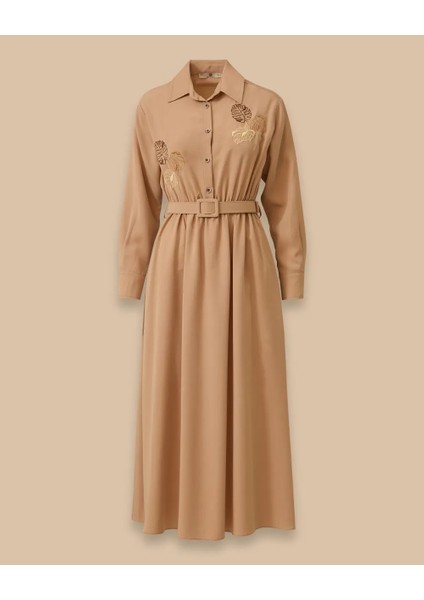 11022 Gömlek Yaka Önü Düğmeli Beli Lastik ve Kemer Detaylı Kolu Manşetli Göğüsü Işlemeli Günlük Elbise #03-25# fırsatları