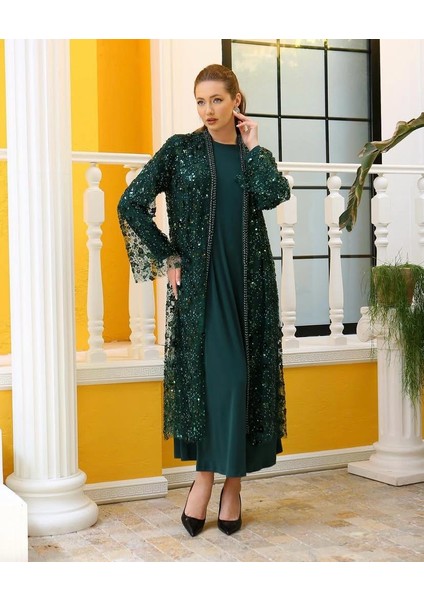 42905 Iç Sandy Kumaş Dış Kenarları Boncuk Detay Pul ve Taşlı Ikili Abaya