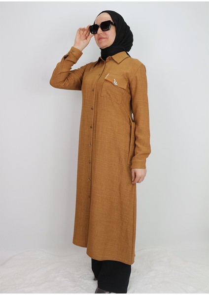 1633 Tunik Önden Düğmeli Beli Bağlamalı Cebi Taşlı Tunik Qys Tunik #247-03#