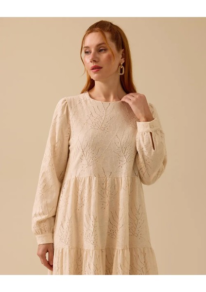 1027 Güpürlü Sıfır Yaka Içi Astarlı Keten Elbise 10002511311027 #06-25#
