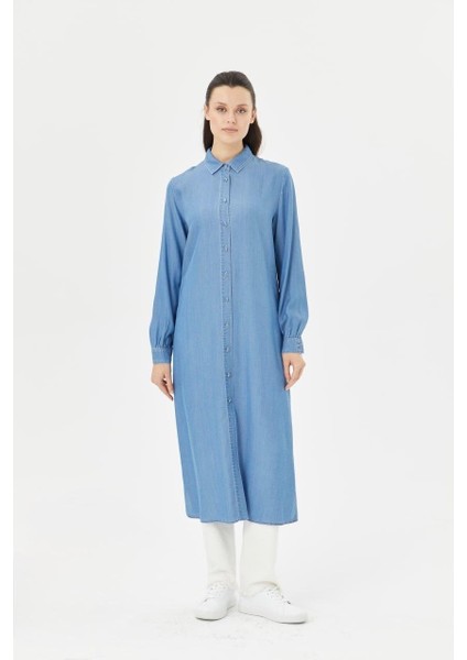 61018 Önden Düğmeli Kol Ucu Manşetli Kot Gömlek Elbise #03-25#