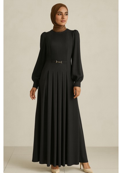 63086 Göğsü Pilise Detaylı Kol Ucu Manşetli Karından Büzgülü Krep Elbise #04-25#