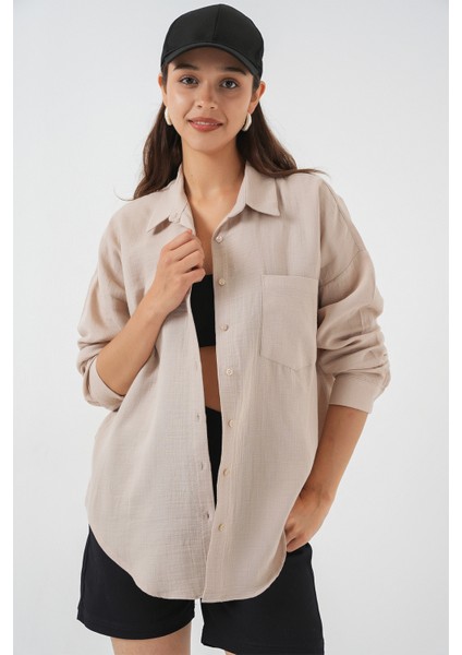 Kadın Tek Cepli Oversize Müslin Gömlek 20353 - Taş