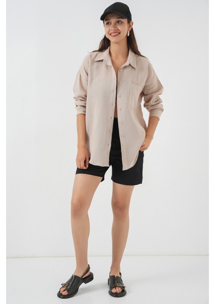Kadın Tek Cepli Oversize Müslin Gömlek 20353 - Taş fiyatları
