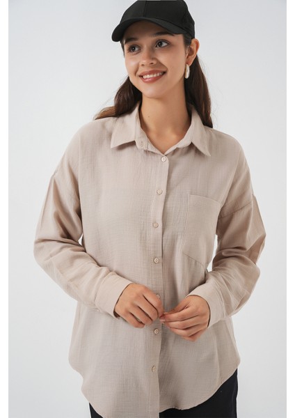 Kadın Tek Cepli Oversize Müslin Gömlek 20353 - Taş modelleri
