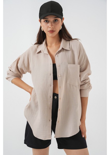 Kadın Tek Cepli Oversize Müslin Gömlek 20353 - Taş fırsatları