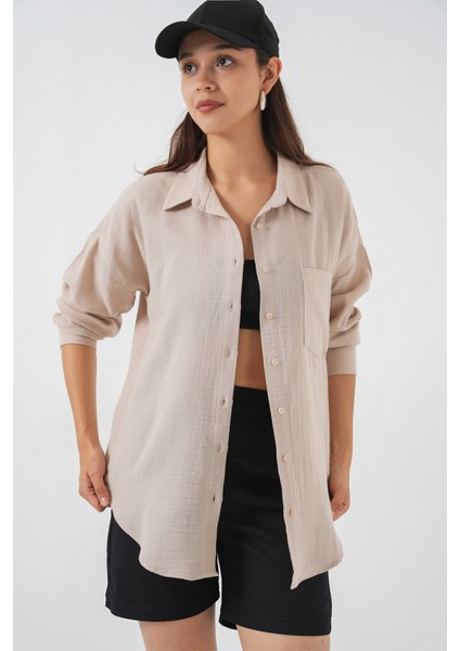 Kadın Tek Cepli Oversize Müslin Gömlek 20353 - Taş indirimleri