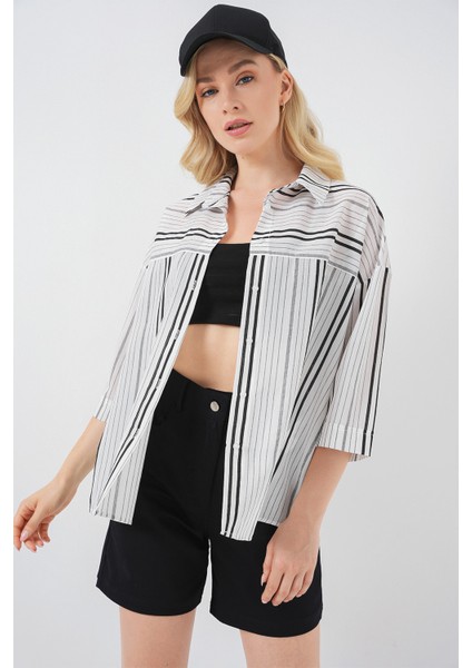 Kadın Çizgili Kısa Kol Gömlek 20344 - Siyah - Taş