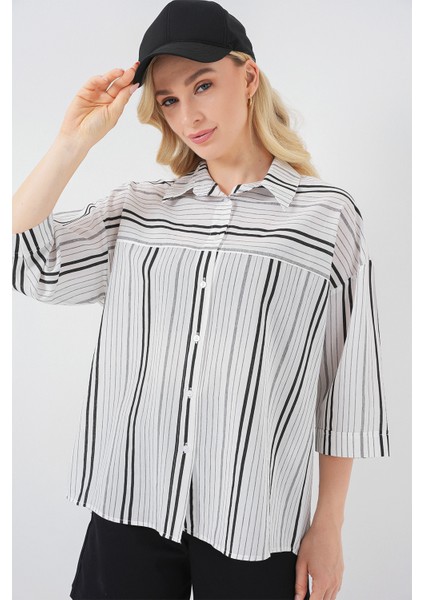 Kadın Çizgili Kısa Kol Gömlek 20344 - Siyah - Taş modelleri
