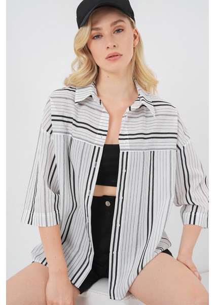 Kadın Çizgili Kısa Kol Gömlek 20344 - Siyah - Taş fırsatları