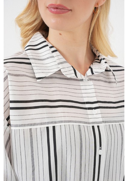 Kadın Çizgili Kısa Kol Gömlek 20344 - Siyah - Taş indirimleri