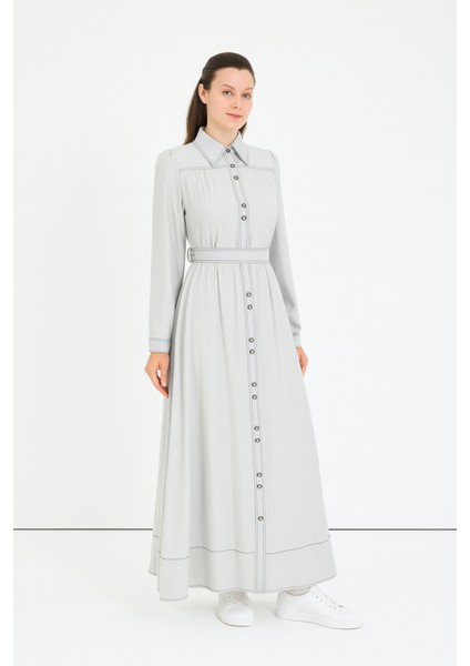 63029 Gömlek Yaka Boydan Düğmeli Kolları Manşetli Beli Bağlamalı Dikiş Görünümlü Elbise #03-25#